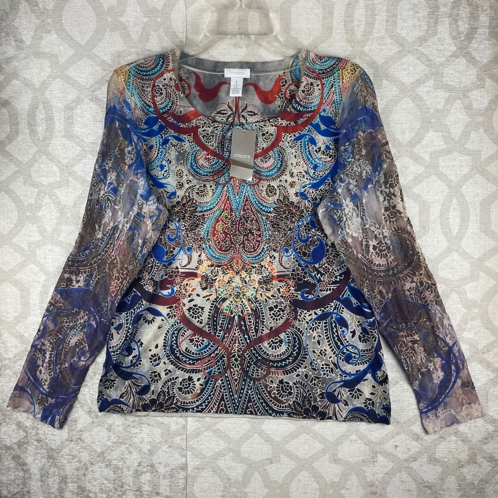 Chico's Look Forward Women Size 1 Multi Paisley Rhinestone Lace Sleeve Top NWT